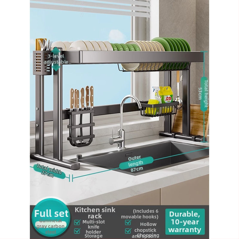 Mosogató fölötti edénytartó állvány, szénacél, többfunkciós konyhai szervező