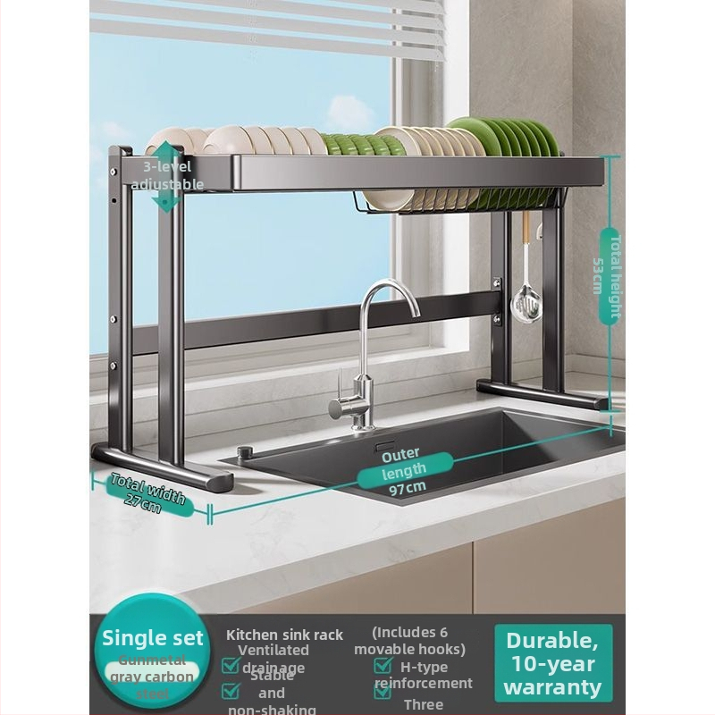 Mosogató fölötti edénytartó állvány, szénacél, többfunkciós konyhai szervező