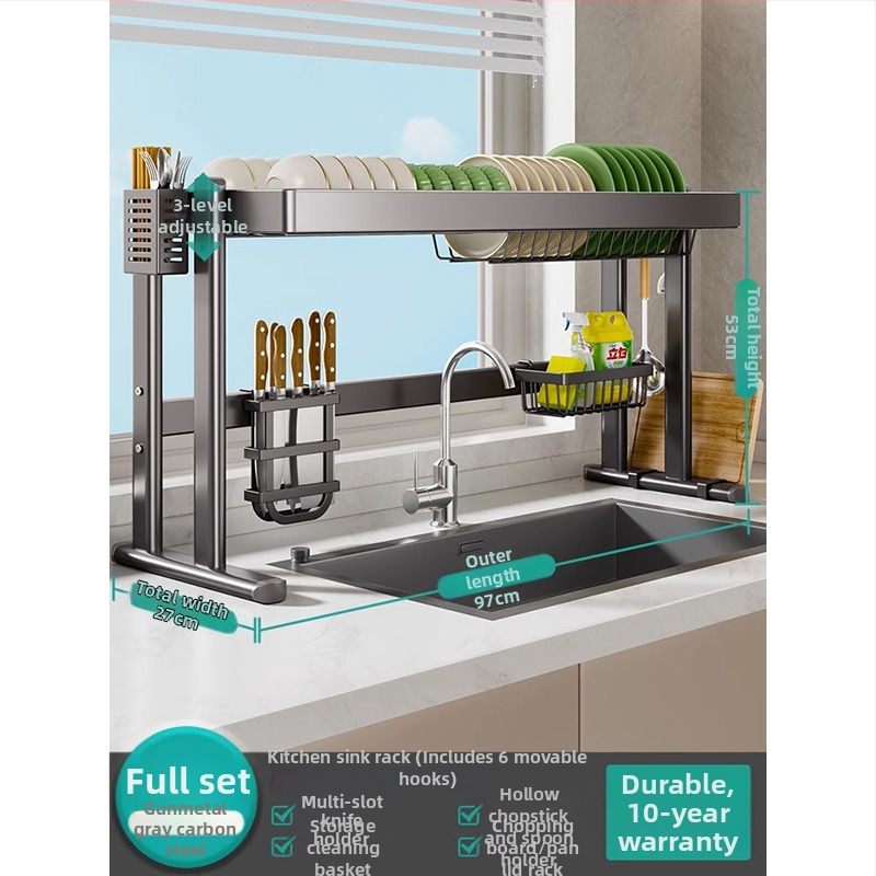 Mosogató fölötti edénytartó állvány, szénacél, többfunkciós konyhai szervező