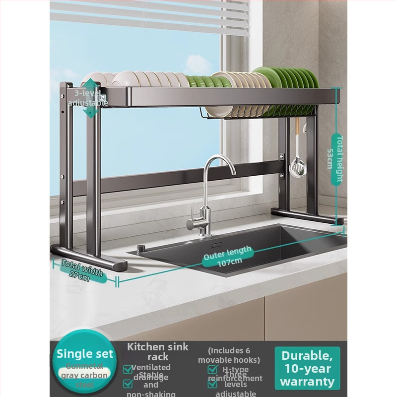 Mosogató fölötti edénytartó állvány, szénacél, többfunkciós konyhai szervező