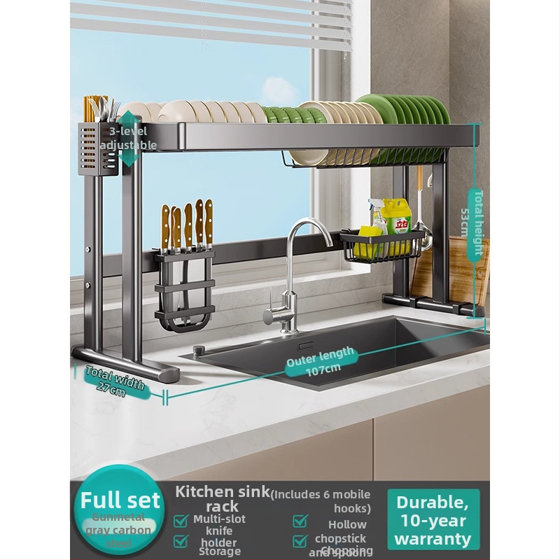 Mosogató fölötti edénytartó állvány, szénacél, többfunkciós konyhai szervező