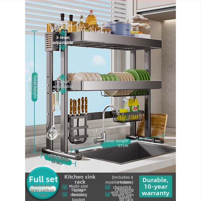 Mosogató fölötti edénytartó állvány, szénacél, többfunkciós konyhai szervező