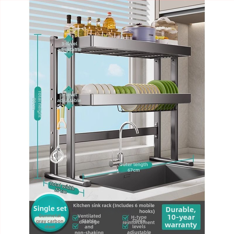 Mosogató fölötti edénytartó állvány, szénacél, többfunkciós konyhai szervező