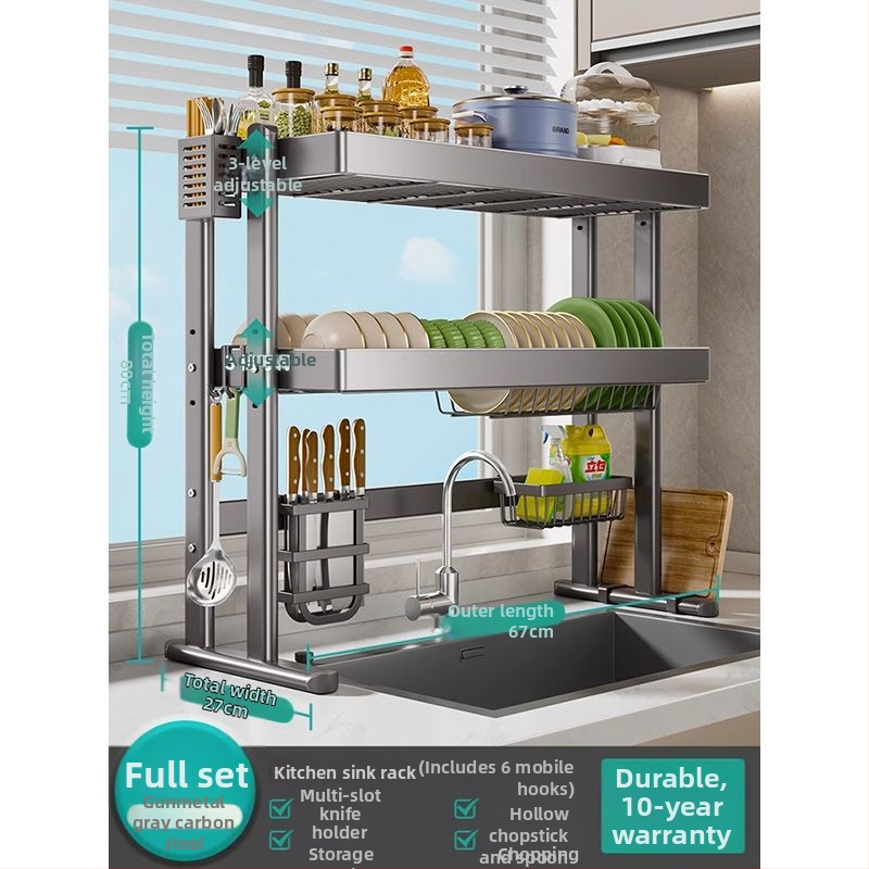 Mosogató fölötti edénytartó állvány, szénacél, többfunkciós konyhai szervező