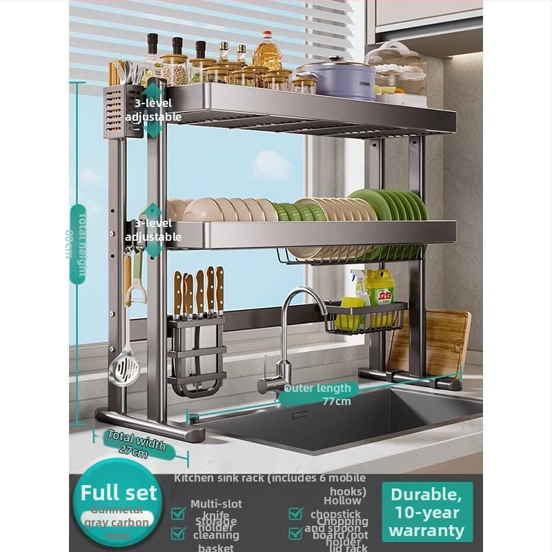 Mosogató fölötti edénytartó állvány, szénacél, többfunkciós konyhai szervező