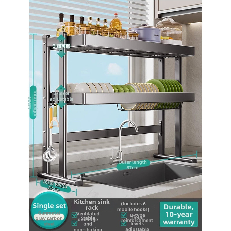 Mosogató fölötti edénytartó állvány, szénacél, többfunkciós konyhai szervező