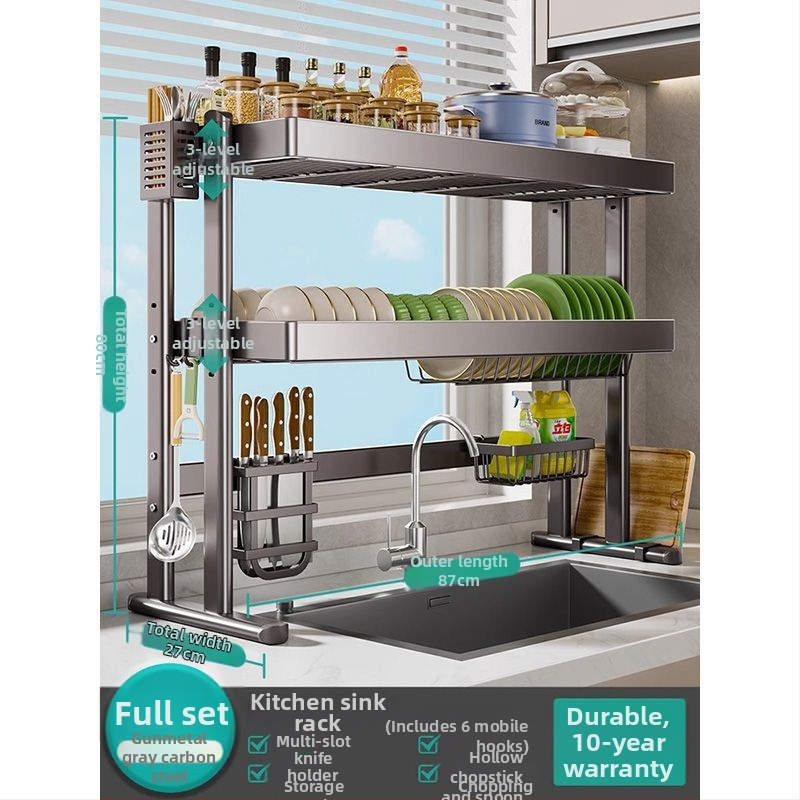 Mosogató fölötti edénytartó állvány, szénacél, többfunkciós konyhai szervező