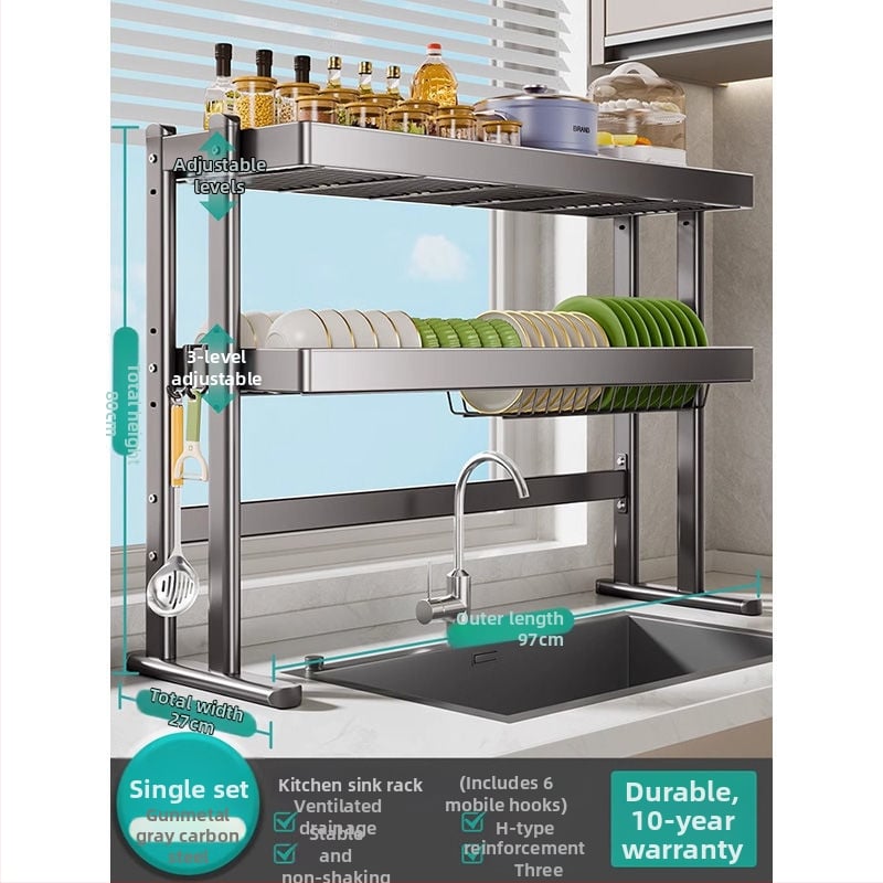 Mosogató fölötti edénytartó állvány, szénacél, többfunkciós konyhai szervező