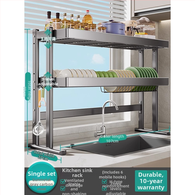 Mosogató fölötti edénytartó állvány, szénacél, többfunkciós konyhai szervező