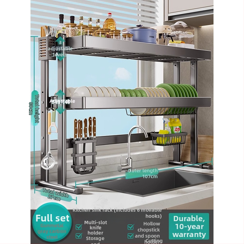 Mosogató fölötti edénytartó állvány, szénacél, többfunkciós konyhai szervező