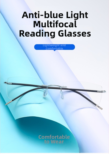 Čítacie okuliare (presbyopické) – bezrámové štvorcové prevedenie zliatiny, progresívne viacfokálne šošovky s anti-blue light, PC šošovky