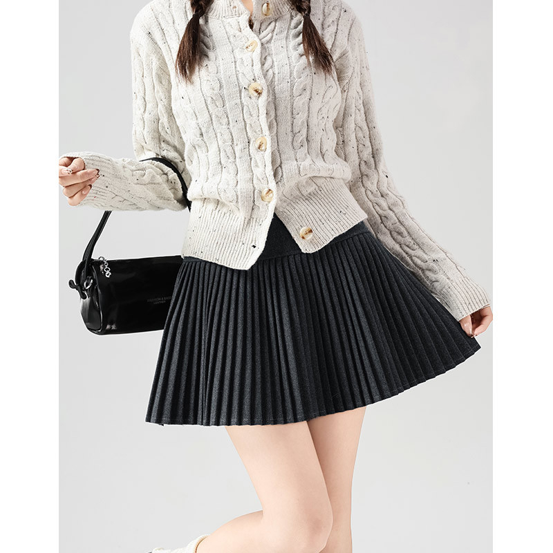 Plisirana vunena suknja, A-linija, japansko-korejski casual stil, zima 2025, poliester 95%+