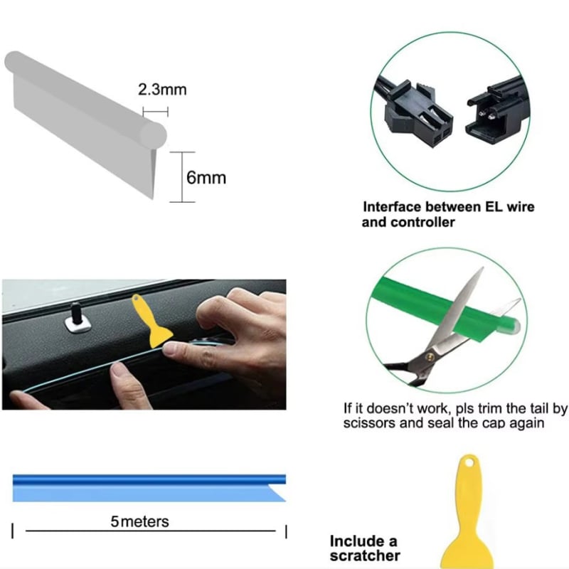 Unutarnja automobilska LED traka za ambijentalno osvjetljenje, USB sučelje, 5V, 3W, EL materijal, ugrađena u prednji unutrašnji prostor, hladna atmosfera svjetla