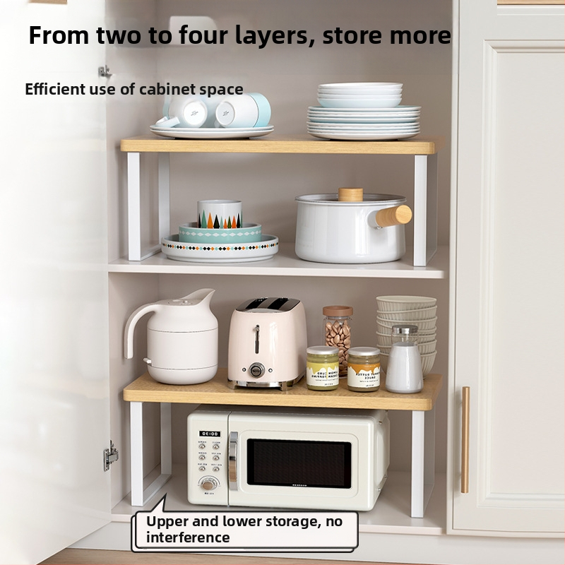 Drevený kuchynský regál na mikrovlnnú rúru — viacúčelový, viacúrovňový stojan na pracovnú dosku