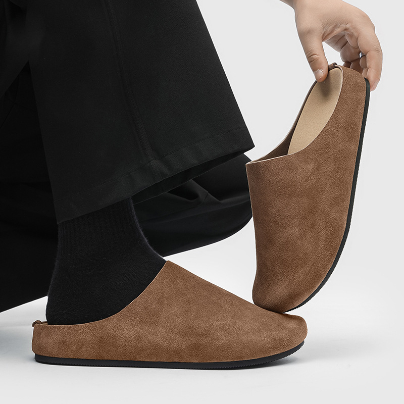 Мъжки чехли от набук – Casual Slip-On, Горна част набук, Гумена подметка, Затворен пръст и открит заден край