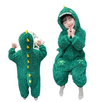 Dječja dinosaura flanel pidžama u one-pieceu, korejskog stila, zima, dvostruko pojačano (koralni flis; poliester; neutralni spol)