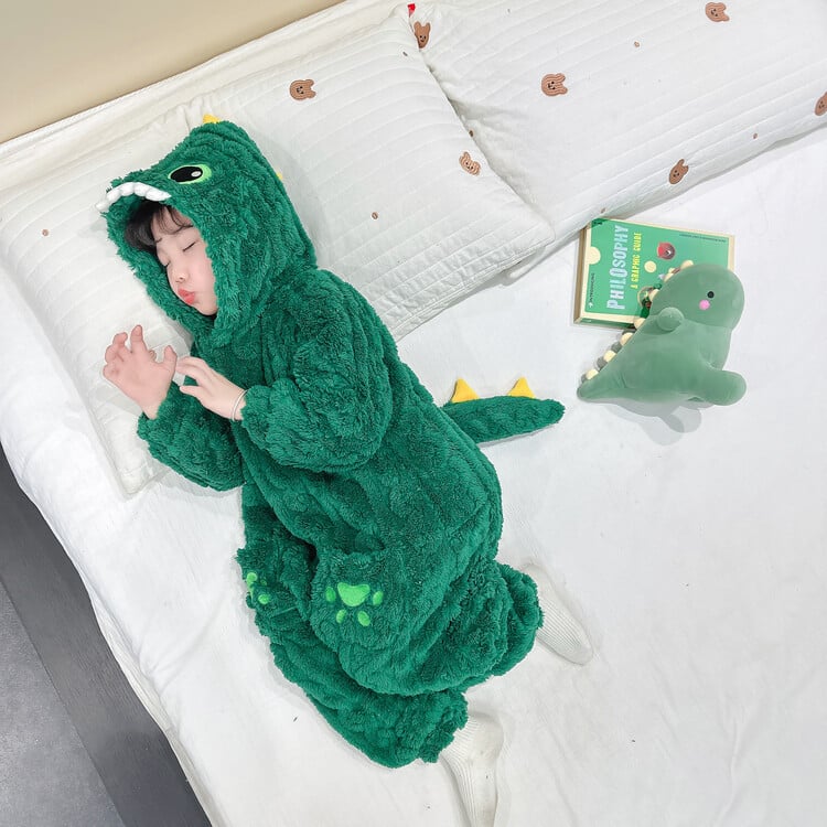 Dječja dinosaura flanel pidžama u one-pieceu, korejskog stila, zima, dvostruko pojačano (koralni flis; poliester; neutralni spol)