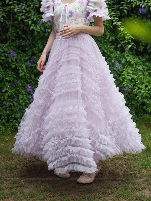 Višeslojna mrežasta tutu suknja, duga, A-linija, mikroelastičan materijal, stil princeze