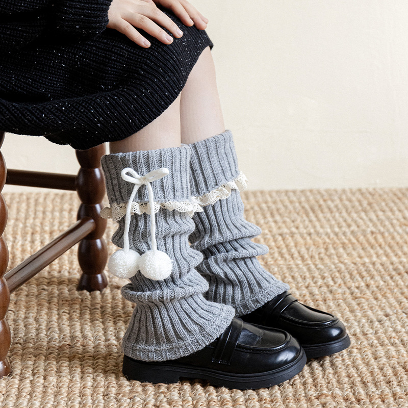 Dječje čarape s mašnicom i Lolita čipkom, Jacquard pletene, srednja duljina cijevi, zima