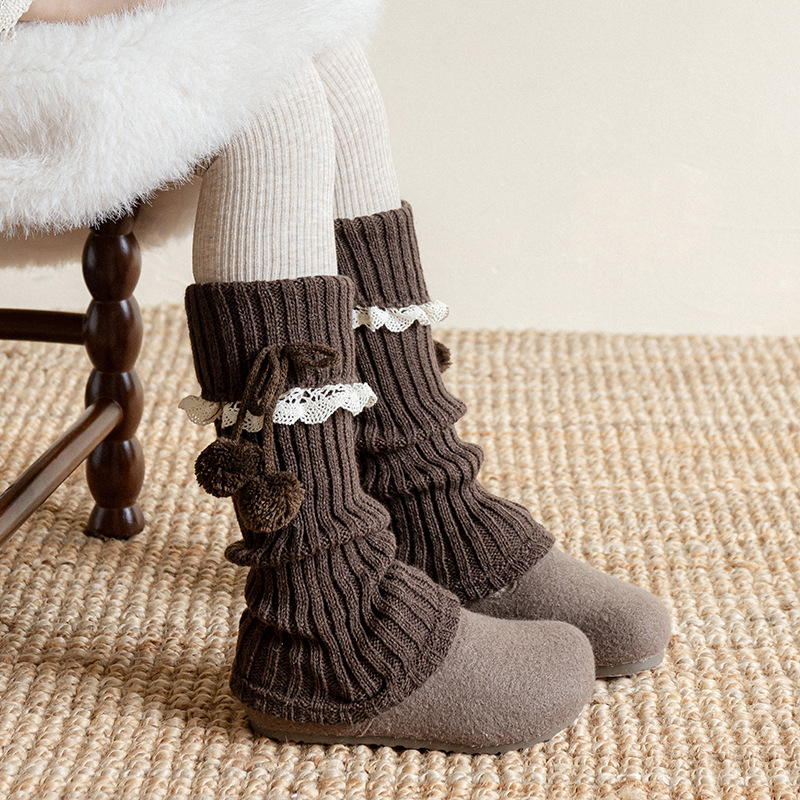 Dječje čarape s mašnicom i Lolita čipkom, Jacquard pletene, srednja duljina cijevi, zima