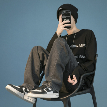 Muške traperice, labavo ravne krojene, korejski stil, niski struk, isprani završetak