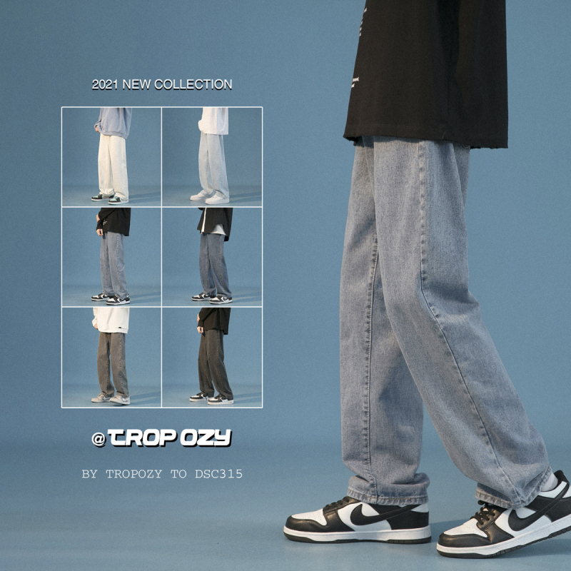 Muške traperice, labavo ravne krojene, korejski stil, niski struk, isprani završetak