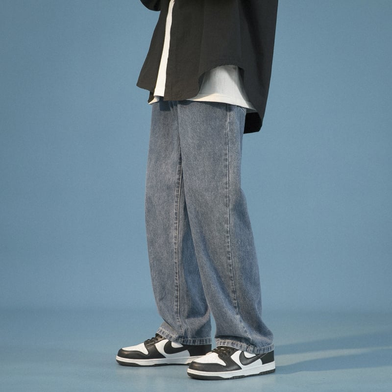 Muške traperice, labavo ravne krojene, korejski stil, niski struk, isprani završetak