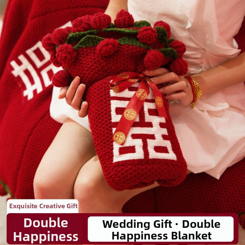 Cuvertură de nuntă tricotată, fibră acrilică, 800–1000 g, personalizabilă, model monocrom, ideal pentru proaspeți căsătoriți