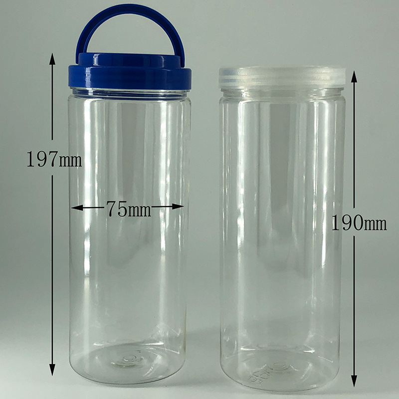 PET διαφανές κυλινδρικό μπουκάλι με χειρολαβή και καπάκι με ευρύστόμιο για καθημερινή χημική συσκευασία, με εκτύπωση λογότυπου