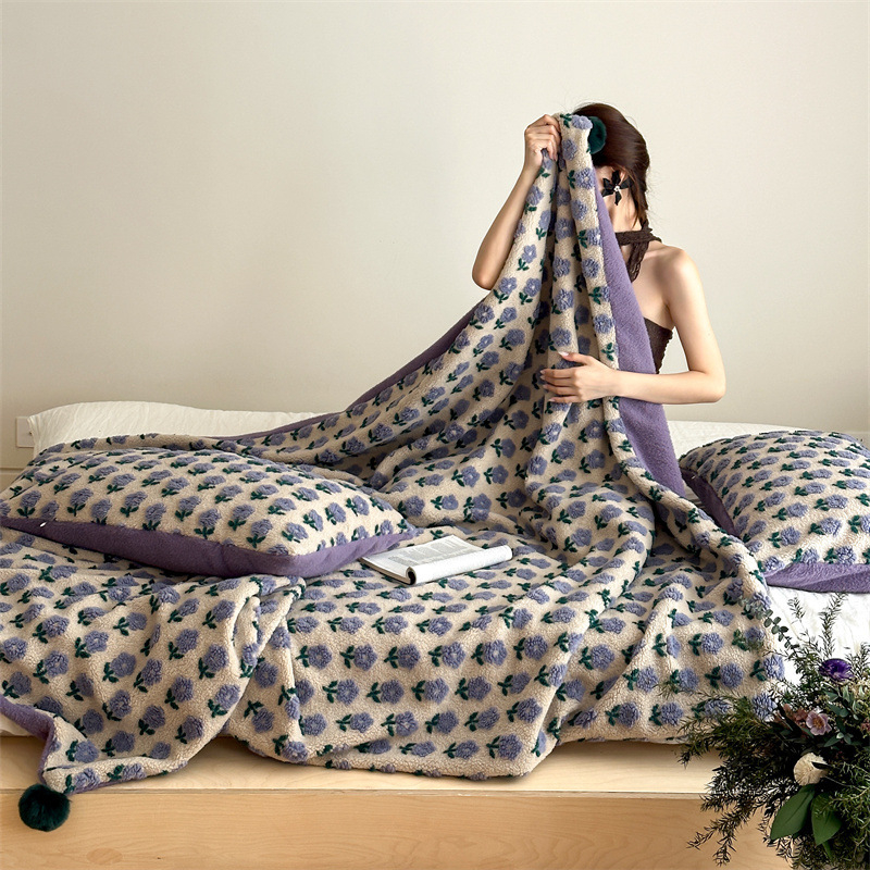 Jacquard deka od lamljeg fleece – poliester, uzorak biljaka i cvijeća, za kauč i odmor, jesen zima, lagani luksuz