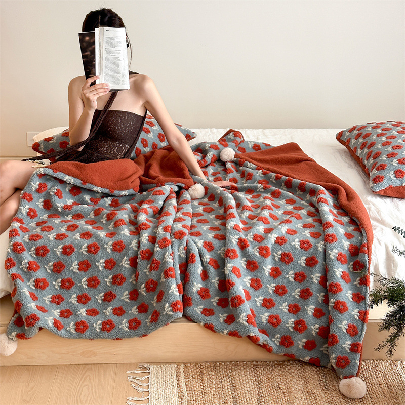 Jacquard deka od lamljeg fleece – poliester, uzorak biljaka i cvijeća, za kauč i odmor, jesen zima, lagani luksuz