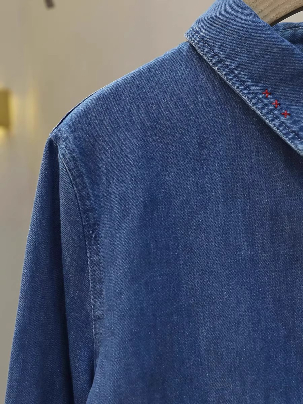 Denim košulja s izvezenim uzorkom, kardiganski stil, dugi rukav, polo ovratnik