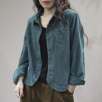 Corduroy ženska košulja-cardigan s dugim rukavima, polo ovratnik, gradski stil, proljeće 2025
