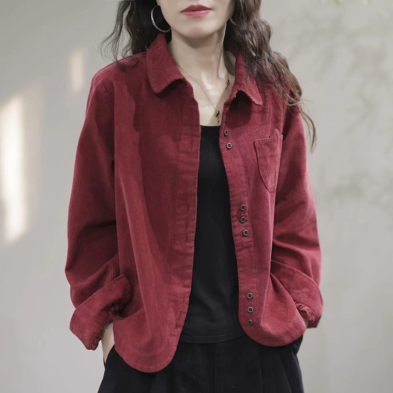 Corduroy ženska košulja-cardigan s dugim rukavima, polo ovratnik, gradski stil, proljeće 2025