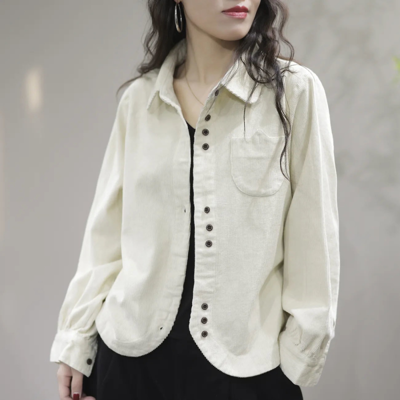 Corduroy ženska košulja-cardigan s dugim rukavima, polo ovratnik, gradski stil, proljeće 2025
