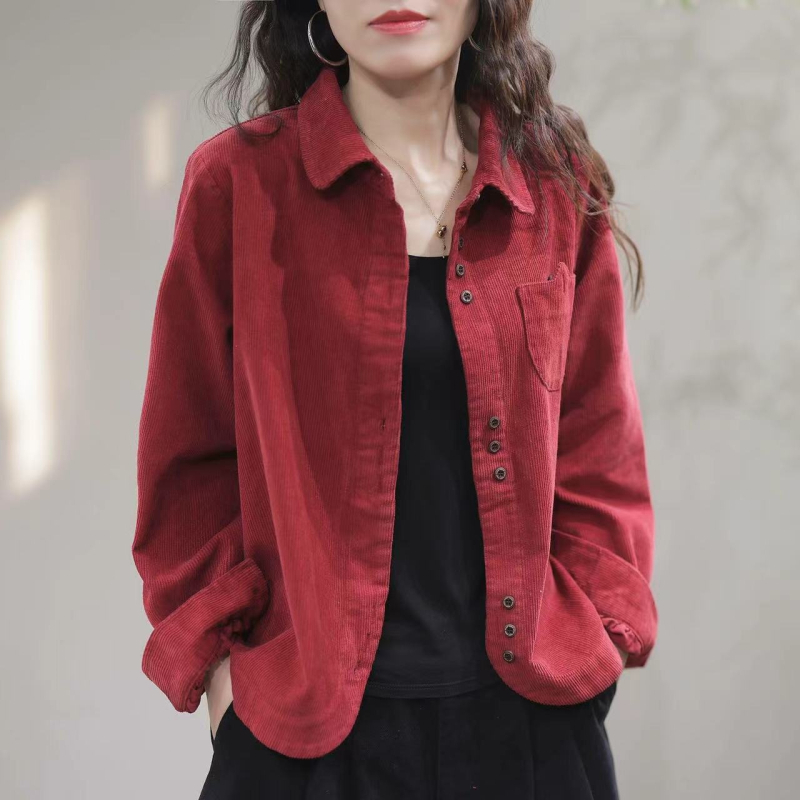 Corduroy ženska košulja-cardigan s dugim rukavima, polo ovratnik, gradski stil, proljeće 2025