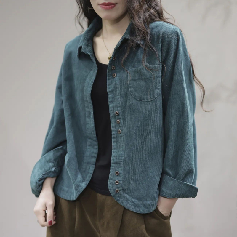 Corduroy ženska košulja-cardigan s dugim rukavima, polo ovratnik, gradski stil, proljeće 2025