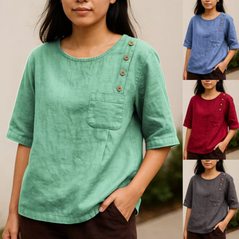 Košulja od pamuka i lana, okrugli izrez, džep na prsima, 3/4 rukavi, pulover stil