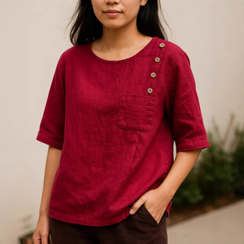 Košulja od pamuka i lana, okrugli izrez, džep na prsima, 3/4 rukavi, pulover stil