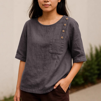 Košulja od pamuka i lana, okrugli izrez, džep na prsima, 3/4 rukavi, pulover stil