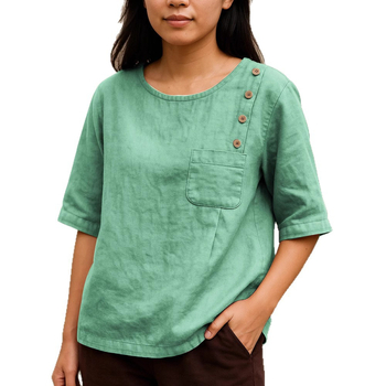 Košulja od pamuka i lana, okrugli izrez, džep na prsima, 3/4 rukavi, pulover stil