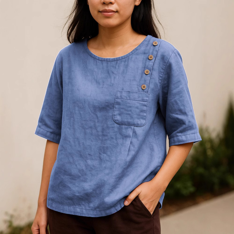 Košulja od pamuka i lana, okrugli izrez, džep na prsima, 3/4 rukavi, pulover stil