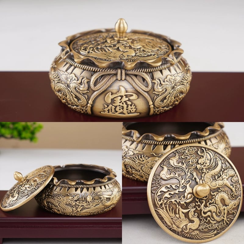 Mjesingasti pepeljarnik s poklopcem, Money bag model, graviran dizajn u kineskom stilu, Hongda bronze ware