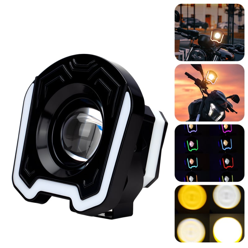 LED reflektor za motocikl s bijelim i žutim bljeskom te šarenom aperturom, kućište od aluminijske legure, 12V, 3W, model Motor312-rgb-wy-f-1