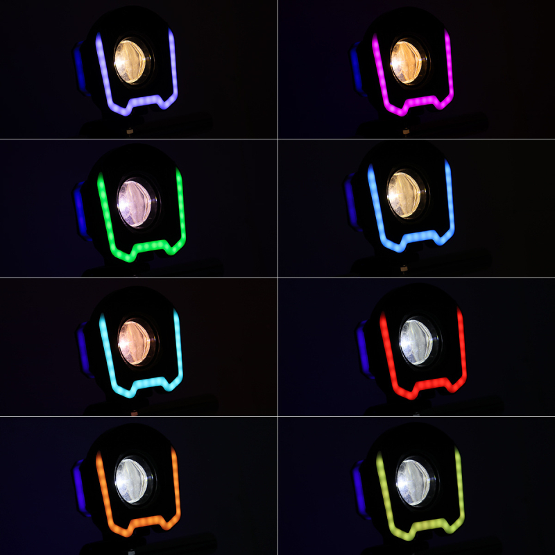 LED reflektor za motocikl s bijelim i žutim bljeskom te šarenom aperturom, kućište od aluminijske legure, 12V, 3W, model Motor312-rgb-wy-f-1
