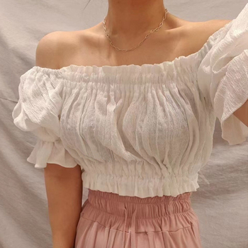 Ženska bluza s izloženim ramenima, puff rukavi, uski kroj, ultra kratka duljina, materijal poliester-elastan