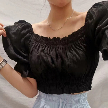 Ženska bluza s izloženim ramenima, puff rukavi, uski kroj, ultra kratka duljina, materijal poliester-elastan