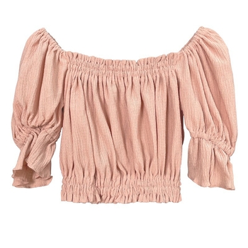Ženska bluza s izloženim ramenima, puff rukavi, uski kroj, ultra kratka duljina, materijal poliester-elastan