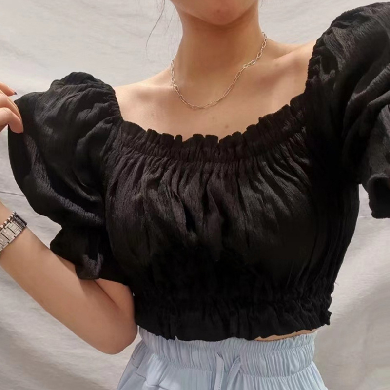Ženska bluza s izloženim ramenima, puff rukavi, uski kroj, ultra kratka duljina, materijal poliester-elastan