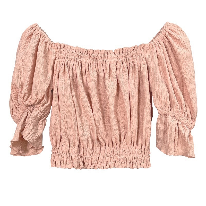Ženska bluza s izloženim ramenima, puff rukavi, uski kroj, ultra kratka duljina, materijal poliester-elastan